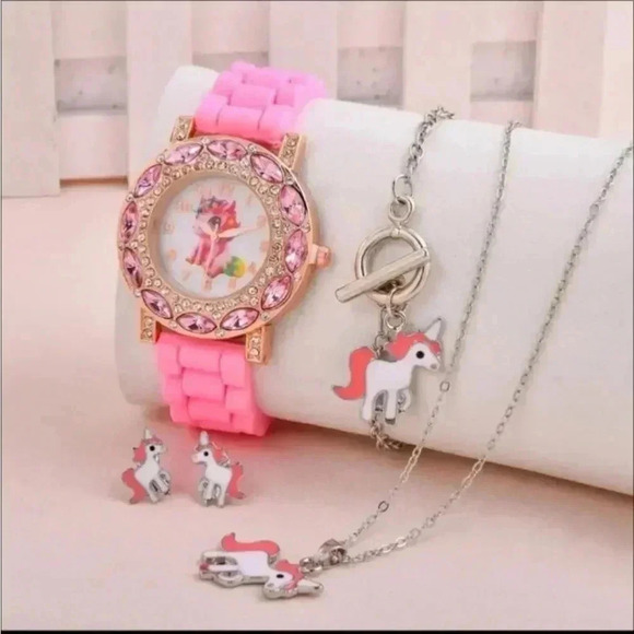 Girls Unicorn Watch + Necklace + Earrings Set..PINK..NWT - Picture 1 of 6